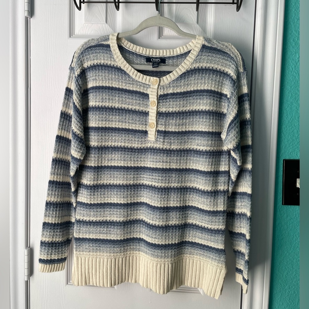 CHAPS Blue and White Knit Striped Crewneck Sweater. Size small new without tag